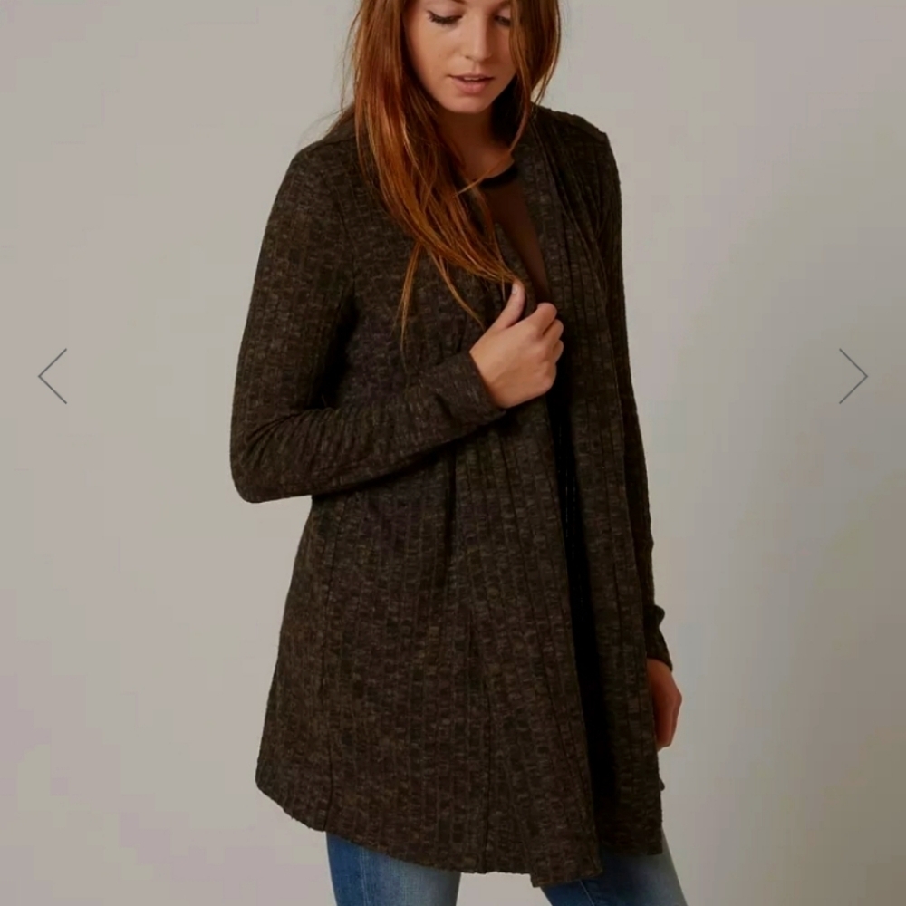 Daytrip Heathered Olive Green Ribbed Long Line Open Front Cardigan